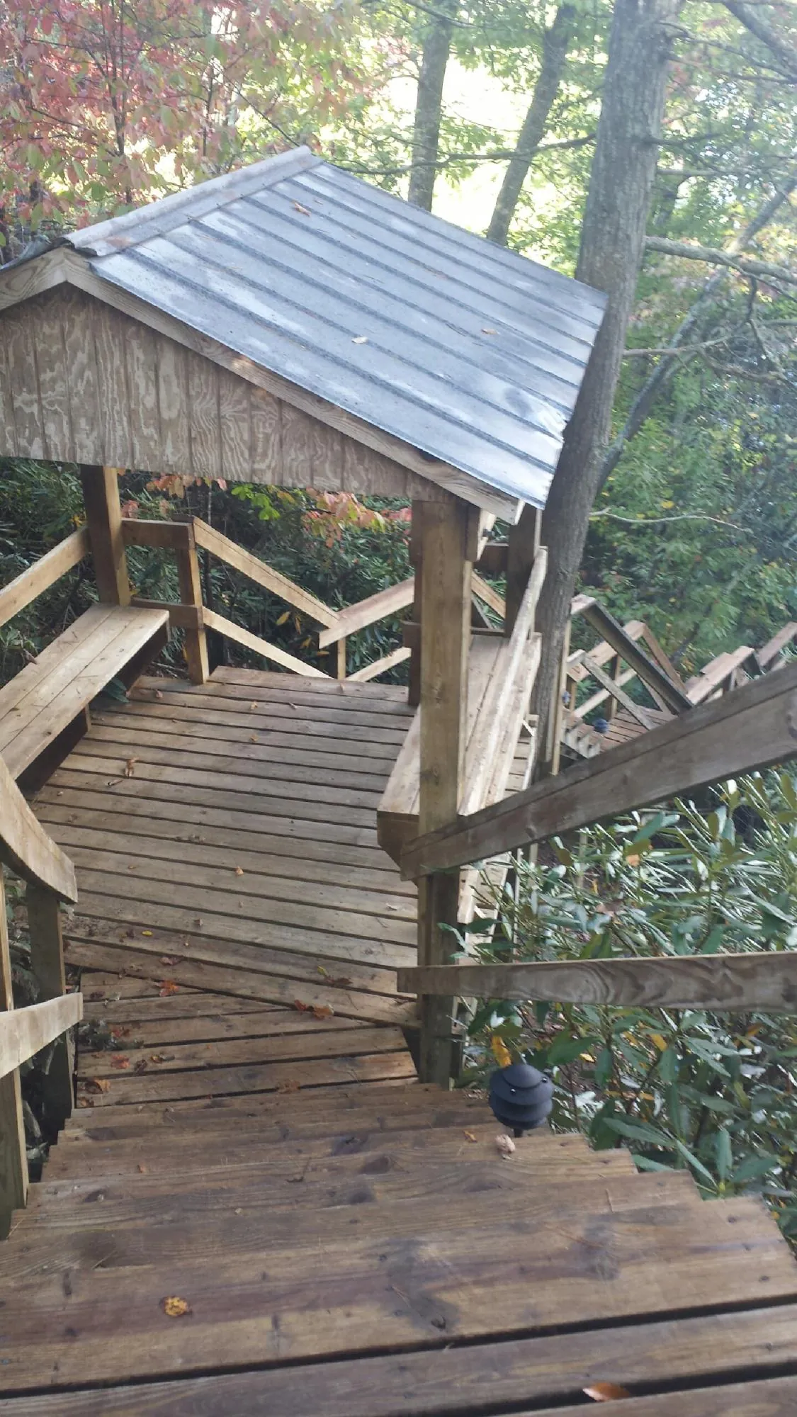 Metal roofed shelter over wooden steps on a wooded walkway — Skylight Repair & Installation work by our crew in Spring Park